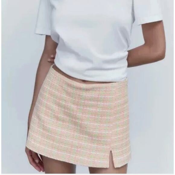 Zara Pants - Zara Skort Tweed Shorts Skirt Pink Green Pastel Mini Viral Spring Summer Sz XS